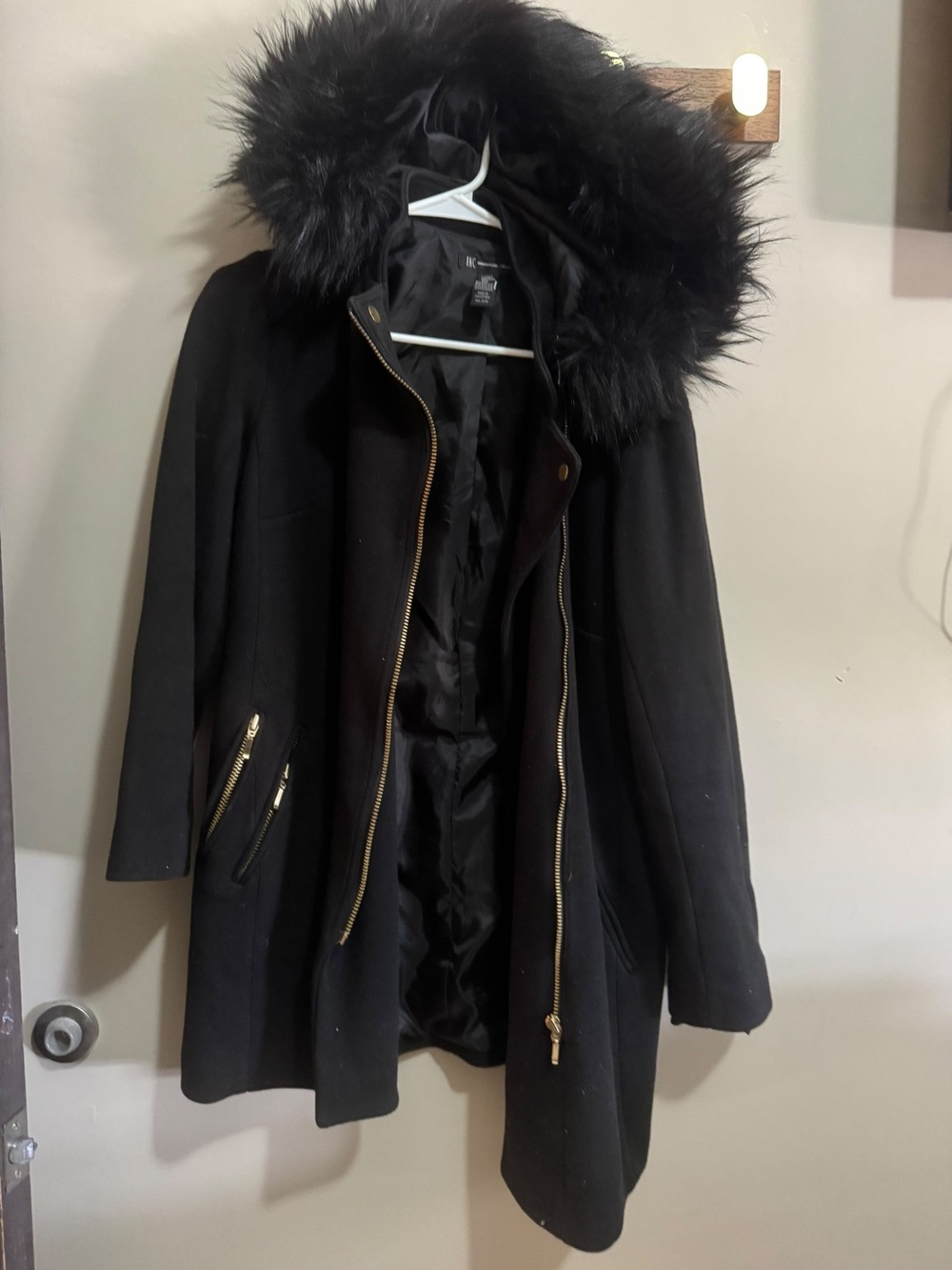 INC International Concepts Black Hooded Pea Coat with Faux Fur Trim
